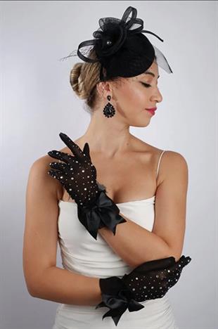 Siyah Tül Taşlı Abiye Eldiven ve Tüylü Fascinator Şapka Set