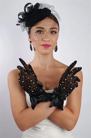 Siyah Tül Taşlı Abiye Eldiven ve Tüylü Fascinator Şapka Seti