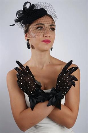 Siyah Tül Taşlı Abiye Eldiven ve Tüylü Fascinator Şapka Seti