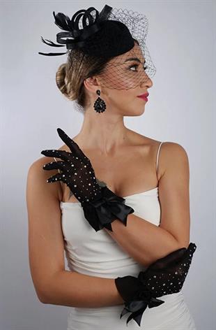 Siyah Tül Taşlı Abiye Eldiven ve Tüylü Fascinator Şapka Seti