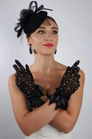 Siyah Tül Taşlı Abiye Eldiven ve Tüylü Fascinator Şapka Set