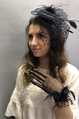 Black Feathered Gloves- Polka Dot Voile Wedding Hat Face Veils