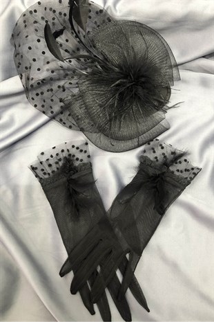 Black Feathered Gloves- Polka Dot Voile Wedding Hat Face Veils