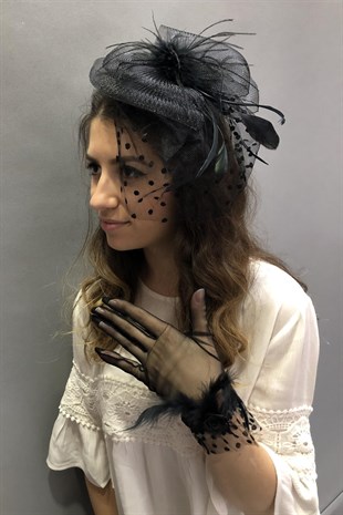 Black Feathered Gloves- Polka Dot Voile Wedding Hat Face Veils