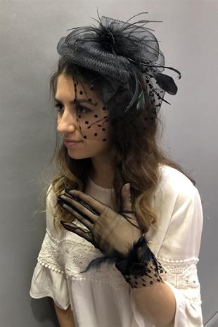 الجملة قفازات الريشة السوداء - قبعة الزفاف رقصة البولكا نقطة Voilet