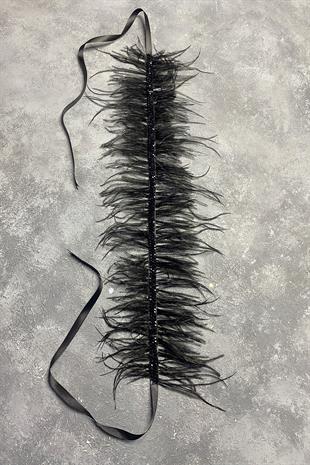 Siyah Tüylü Kristal Boncuklu Abiye Elbise Kemeri Bel Aksesuarı