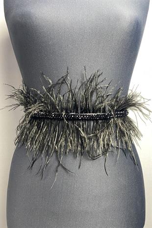 Siyah Tüylü Kristal Boncuklu Abiye Elbise Kemeri Bel Aksesuarı