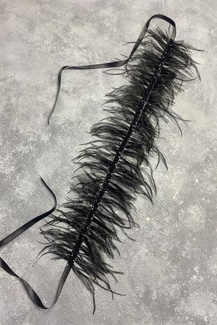 Siyah Tüylü Kristal Boncuklu Abiye Elbise Kemeri Bel Aksesuarı