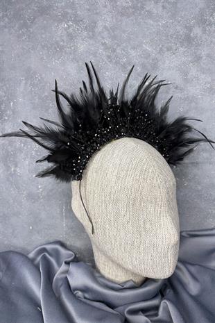 Siyah Tüylü Kristal Boncuklu Arden Gelin Kına Tacı