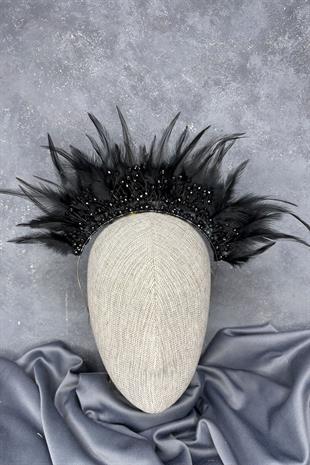 Siyah Tüylü Kristal Boncuklu Arden Gelin Kına Tacı