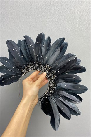 Siyah Tüylü ve Boncuklu Gelin Kına Tacı