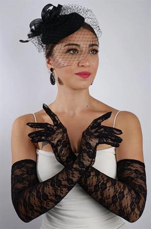 Siyah Uzun Dantelli Fiyonklu Gelin Eldiveni Düğün Nikah Fascinator Şapka Seti