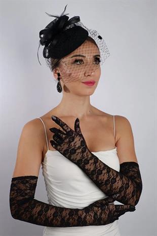 Siyah Uzun Dantelli Fiyonklu Gelin Eldiveni Düğün Nikah Fascinator Şapka Seti