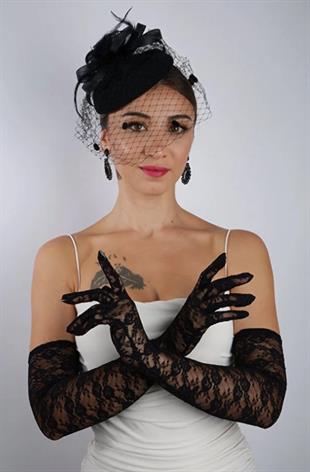 Siyah Uzun Dantelli Fiyonklu Gelin Eldiveni Düğün Nikah Fascinator Şapka Seti