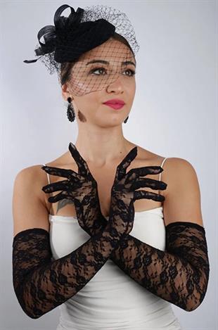 Siyah Uzun Dantelli Fiyonklu Gelin Eldiveni Düğün Nikah Fascinator Şapka Seti