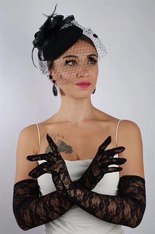 Siyah Uzun Dantelli Fiyonklu Gelin Eldiveni Düğün Nikah Fascinator Şapka Seti