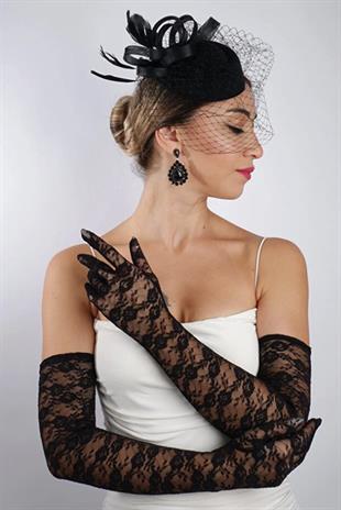 Siyah Uzun Dantelli Fiyonklu Gelin Eldiveni Düğün Nikah Fascinator Şapka Seti