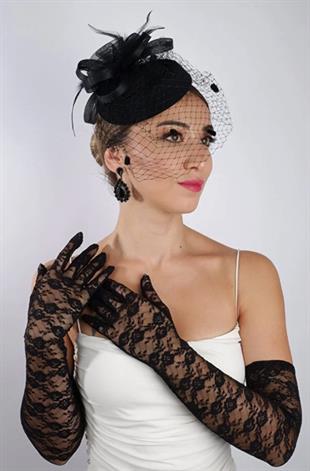 Siyah Uzun Dantelli Fiyonklu Gelin Eldiveni Düğün Nikah Fascinator Şapka Seti