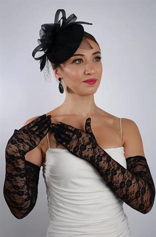 Siyah Uzun Saten Dantelli Fiyonklu Gelin Eldiveni Düğün Nikah Fascinator Şapka Seti