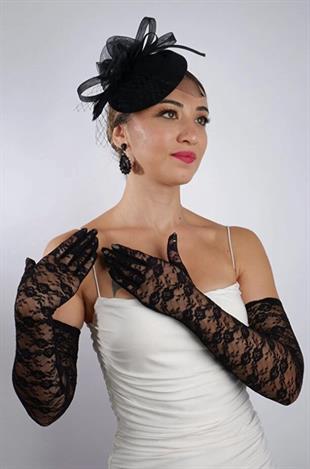 Siyah Uzun Saten Dantelli Fiyonklu Gelin Eldiveni Düğün Nikah Fascinator Şapka Seti