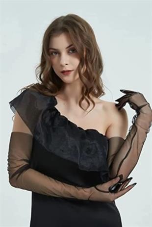 Siyah Uzun Şık Gelin Eldiveni Tül Eldiven Nikah/düğün Eldiveni