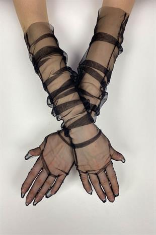 Siyah Uzun Şık Gelin Eldiveni Tül Eldiven Nikah/Düğün/Parti Eldiveni