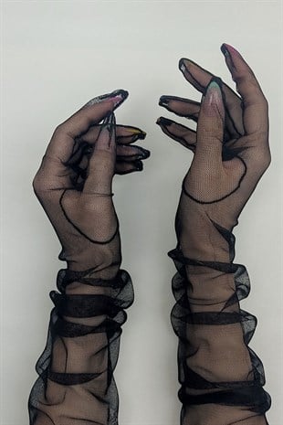 Siyah Uzun Tüllü Gelin Eldiveni