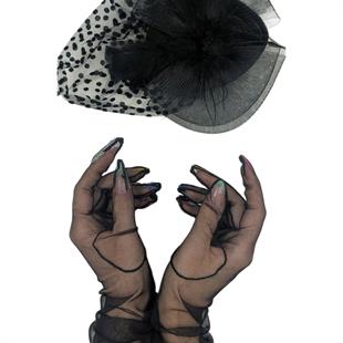 الجملة قفازات الزفاف تول طويل أسود وقبعة رقصة البولكا