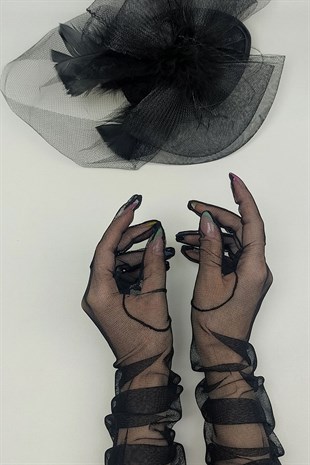 Black Long Tulle Bridal Gloves And Hat Face Veils