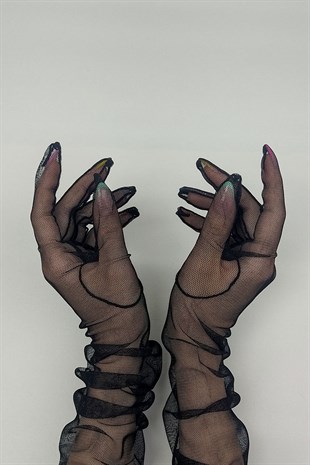 Black Long Tulle Bridal Gloves And Hat Face Veils