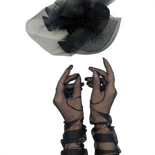الجملة قفازات الزفاف تول طويل أسود وقبعة