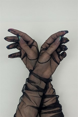 Black Long Tulle Bridal Gloves And Hat Face Veils