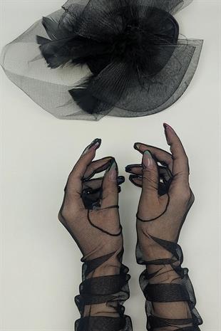 الجملة قفازات الزفاف تول طويل أسود وقبعة