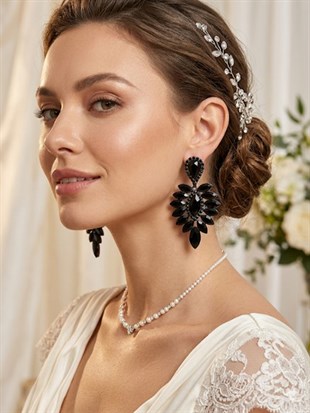 Siyah Vera Mekik Vip Kristal Taşlı Abiye Gelin Küpesi