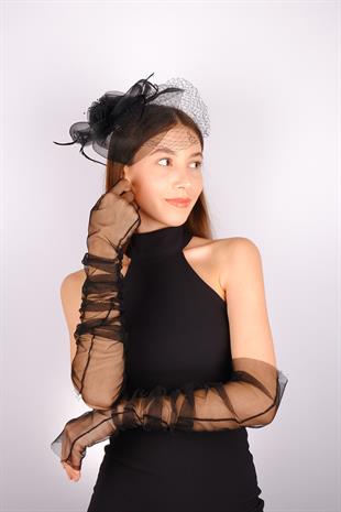 Black Voile Wedding Hat Canel Bridal Accessory And Tulle Gloves