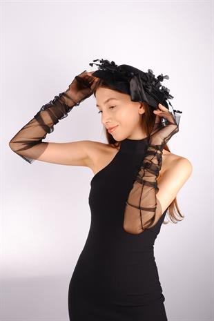 Black Voile Wedding Hat Devin Pearled Tulle Bridal Accessory Tulle Gloves