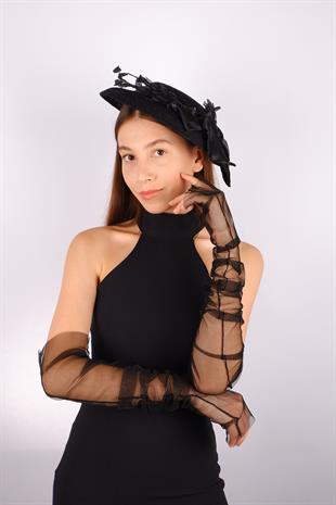 Black Voile Wedding Hat Devin Pearled Tulle Bridal Accessory Tulle Gloves