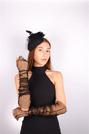 Black Voile Wedding Hat with Lema Stone Bow Bridal Accessory and Gloves