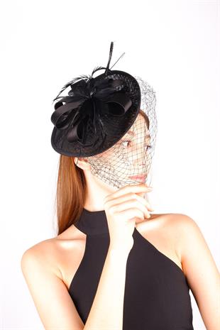 Black Voile Wedding Hat with Lema Stone and Bow Bridal Accessory