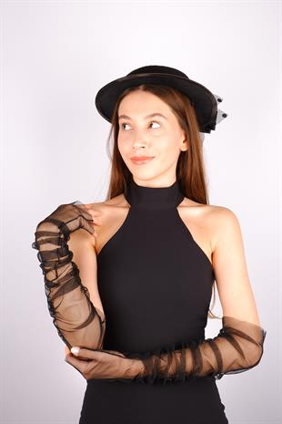 Black Voile Wedding Hat Milano Tulle Bridal Accessory and Gloves
