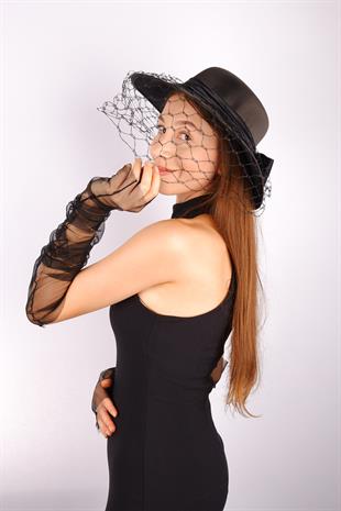 Black Voile Wedding Hat, Milne Tulle Bridal Accessory and Gloves