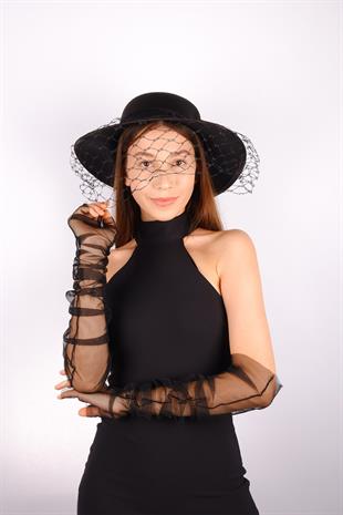 Black Voile Wedding Hat, Milne Tulle Bridal Accessory and Gloves