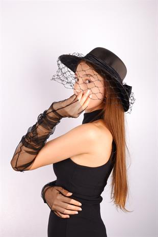 Black Voile Wedding Hat, Milne Tulle Bridal Accessory and Gloves