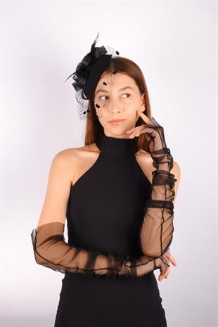Black Voile Wedding Hat Nico Tulle Bridal Accessory and Gloves