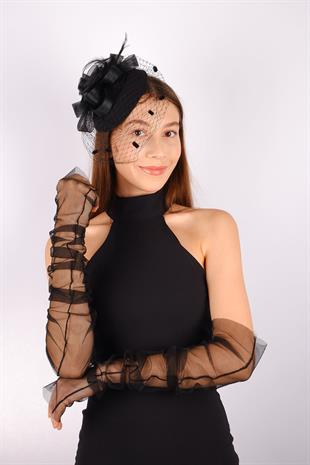 Black Voile Wedding Hat Nico Tulle Bridal Accessory and Gloves