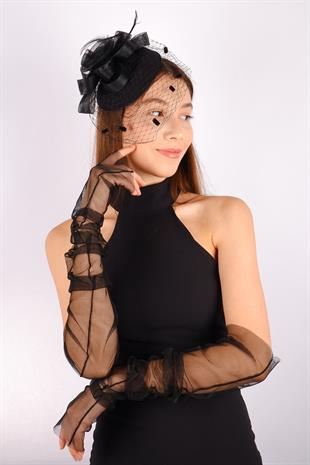 Black Voile Wedding Hat Nico Tulle Bridal Accessory and Gloves