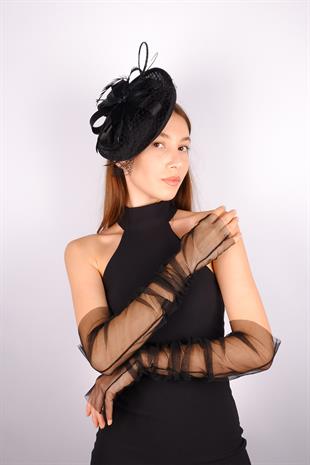 Black Voile Wedding Hat Greenhouse Lace Bridal Accessory And Gloves