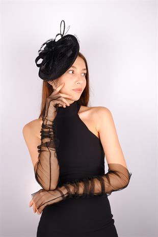 Black Voile Wedding Hat Greenhouse Lace Bridal Accessory And Gloves