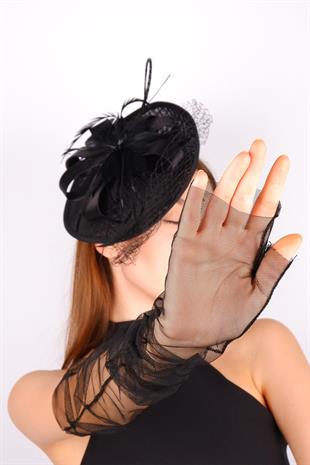 Black Voile Wedding Hat Greenhouse Lace Bridal Accessory And Gloves