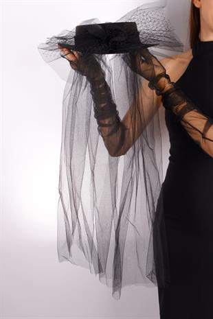 Black Voile Wedding Hat Vera Lace Floral Bridal Accessory and Bridal Gloves